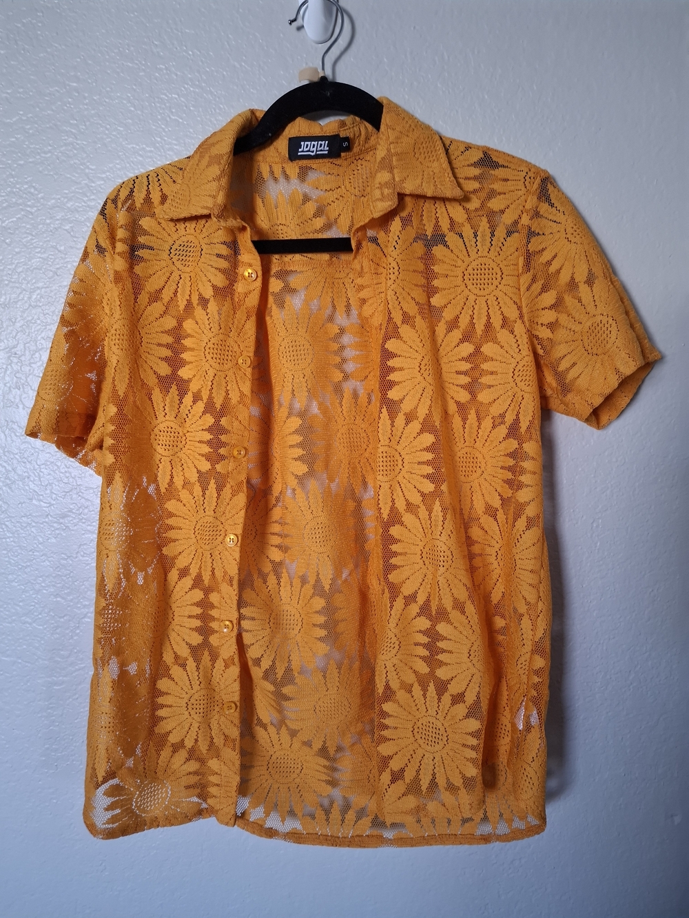 Jogal Orange Floral Lace Short-Sleeve Button-Down Shirt